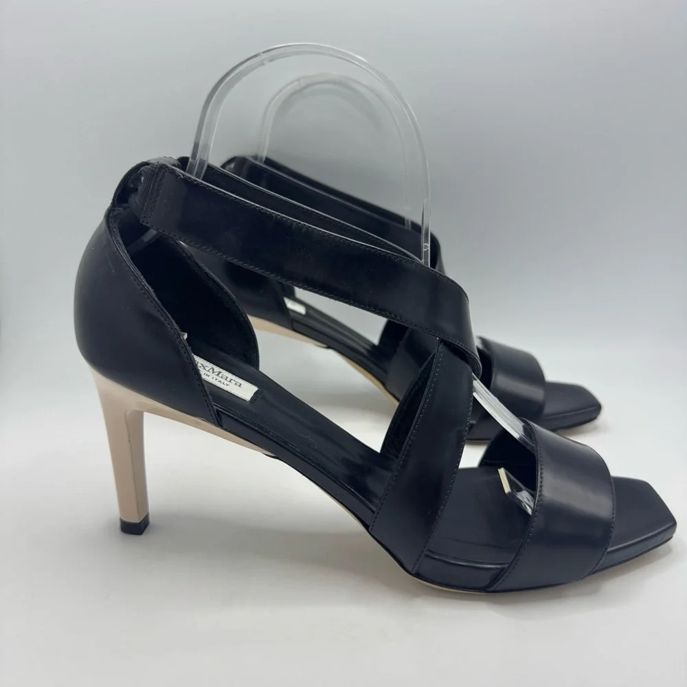 Max Mara Strappy Leather Heeled Square Toe Sandals Black Ivory Size 39